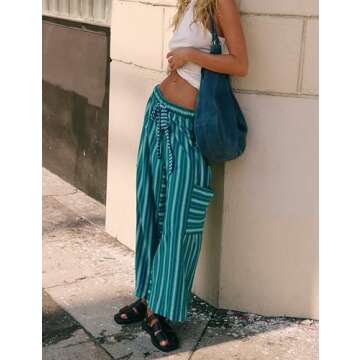 Bankeng Women Drawstring Striped Pants - Loose Wide Leg Lounge Wear with Pockets (Green, S)
