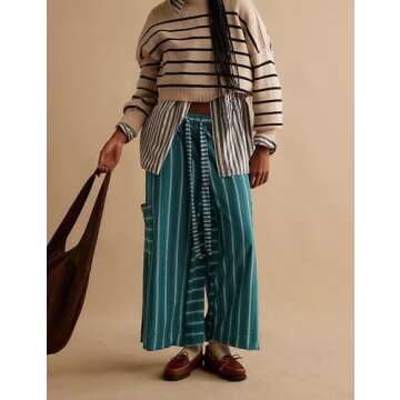 Bankeng Women's Drawstring Striped Wide Leg Pants