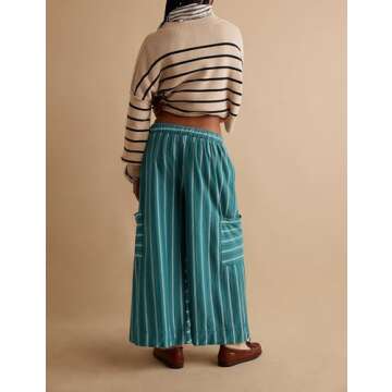 Bankeng Women's Drawstring Striped Wide Leg Pants