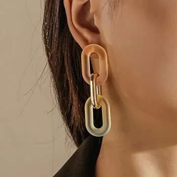 Oval Resin Acrylic Dangle Drop Stud Earrings Sterling Silver Pins Rainbow Multi Color Thick Chunky Chain Bohemia Statement Dangle Earring Studs Fashion Jewelry Gifts for Women