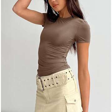 Short Sleeve Teens Basic Shirt for Women Summer Sexy Fashion Bodycon Fitted Y2K Clothing Basic Baby Tee Tshirt Brown M