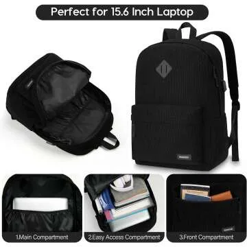Cute Black School Backpack with USB Charging Port