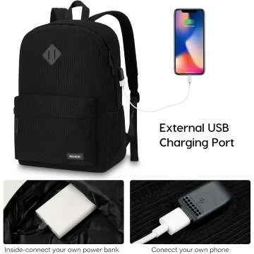 Cute Black School Backpack with USB Charging Port