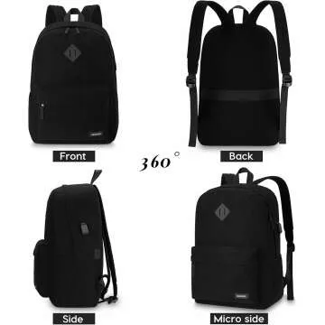 Cute Black School Backpack with USB Charging Port