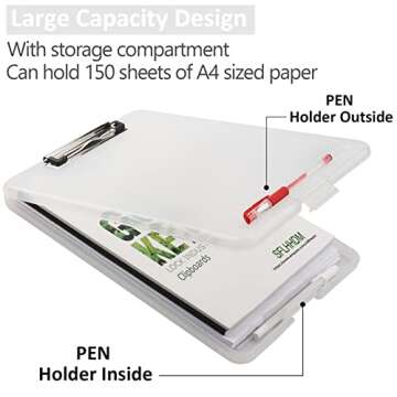 A4 Clipboards, Folder Clipboard with Storage, Folio Plastic Clipboard with Low Profile Clip, File Binder Clipboard Case, Waterproof Nursing Clipboards Foldable Document Case for Office -Translucent