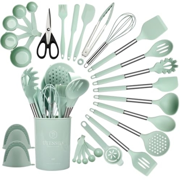 QMVEESS Silicone Kitchen Utensil Set, 28 Pcs Non-Stick Cooking Utensils Set with Holder, Tongs, Spat...