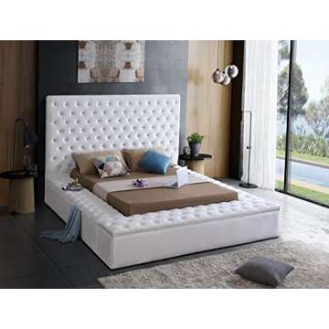 Meridian Furniture Bliss Collection Modern | Contemporary Velvet Upholstered Bed with Deep Button Tufting and Storage Compartments in Rails and Footboard, White, Queen