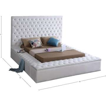 Meridian Furniture Bliss Collection Modern | Contemporary Velvet Upholstered Bed with Deep Button Tufting and Storage Compartments in Rails and Footboard, White, Queen