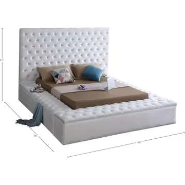 Meridian Furniture Bliss Collection Modern | Contemporary Velvet Upholstered Bed with Deep Button Tufting and Storage Compartments in Rails and Footboard, White, Queen
