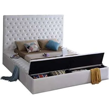 Meridian Furniture Bliss Collection Modern | Contemporary Velvet Upholstered Bed with Deep Button Tufting and Storage Compartments in Rails and Footboard, White, Queen