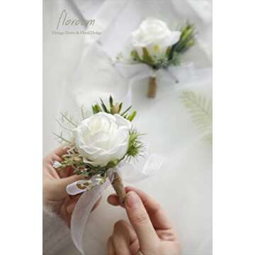 Floroom Set of 6 Ivory Rose Boutonnieres for Best Men Groom Groomsmen White Wedding Prom