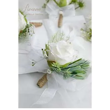 Floroom Set of 6 Ivory Rose Boutonnieres for Best Men Groom Groomsmen White Wedding Prom
