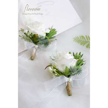 Floroom Set of 6 Ivory Rose Boutonnieres for Best Men Groom Groomsmen White Wedding Prom