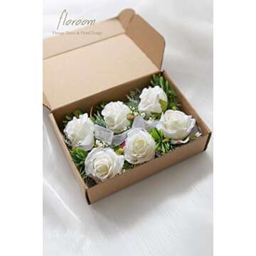 Floroom Set of 6 Ivory Rose Boutonnieres for Best Men Groom Groomsmen White Wedding Prom
