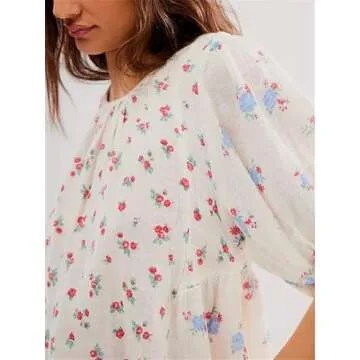 Women’s Cute Floral Print Babydoll Top Y2k Fairycore Relax Fit Tie Back Puff Sleeve Cropped Peplum Shirts Going Out Top (White, L)