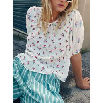 Women’s Cute Floral Print Babydoll Top Y2k Fairycore Relax Fit Tie Back Puff Sleeve Cropped Peplum Shirts Going Out Top (White, L)