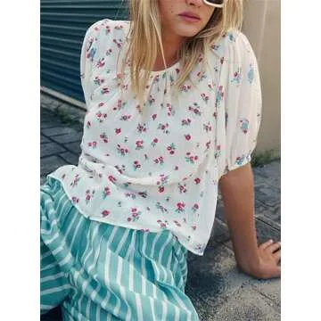 Women’s Cute Floral Print Babydoll Top Y2k Fairycore Relax Fit Tie Back Puff Sleeve Cropped Peplum Shirts Going Out Top (White, L)