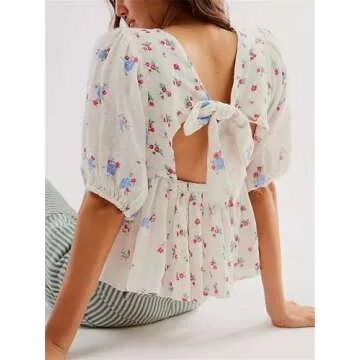 Women’s Cute Floral Print Babydoll Top Y2k Fairycore Relax Fit Tie Back Puff Sleeve Cropped Peplum Shirts Going Out Top (White, L)