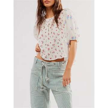 Women’s Cute Floral Print Babydoll Top Y2k Fairycore Relax Fit Tie Back Puff Sleeve Cropped Peplum Shirts Going Out Top (White, L)