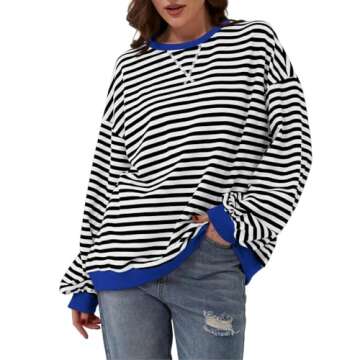 Generic Womens Clothing Trendy 2024, Womens Crewneck Oversized Sweatshirt Casual Striped Long Sleeve...