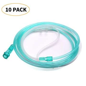 Healva 10 Pack High-Flow Soft Nasal Oxygen Cannula, Standard Connector 6.6 Feet, Green Tubing