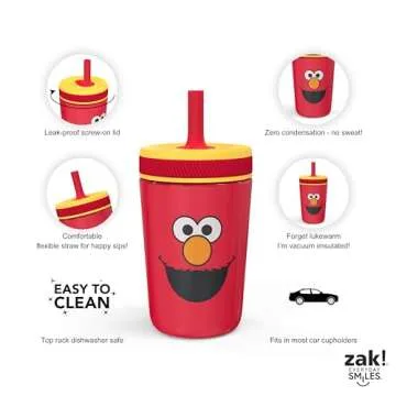 Zak Designs Sesame Street Kelso Toddler Cups For Travel or At Home, 12oz Vacuum Insulated Stainless Steel Sippy Cup With Leak-Proof Design is Perfect For Kids (Elmo)