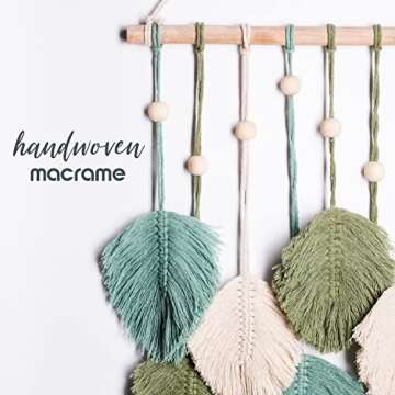 SnugLife Macrame Wall Hanging Leaves - Large Chic Feather Boho Decor, Handmade Yarn Woven Art Leaf Tapestry for Nursery, Bedroom, Living Room, 17 X 22 Inch (Green, Sage Green & Beige)