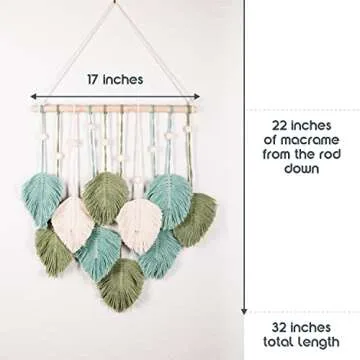 SnugLife Macrame Wall Hanging Leaves - Large Chic Feather Boho Decor, Handmade Yarn Woven Art Leaf Tapestry for Nursery, Bedroom, Living Room, 17 X 22 Inch (Green, Sage Green & Beige)