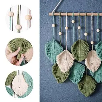 SnugLife Macrame Wall Hanging Leaves - Large Chic Feather Boho Decor, Handmade Yarn Woven Art Leaf Tapestry for Nursery, Bedroom, Living Room, 17 X 22 Inch (Green, Sage Green & Beige)