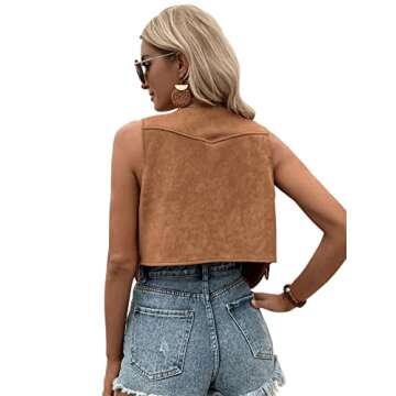 SweatyRocks Women's Suede Fringe Trim Sleeveless Crop Vest Jacket Button Front Coat Coffee Brown L