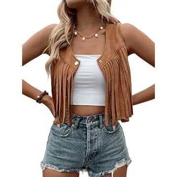 SweatyRocks Women's Suede Fringe Trim Sleeveless Crop Vest Jacket Button Front Coat Coffee Brown L