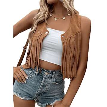 SweatyRocks Women's Suede Fringe Trim Sleeveless Crop Vest Jacket Button Front Coat Coffee Brown L