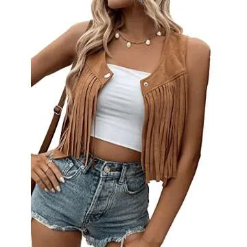 SweatyRocks Women's Suede Fringe Trim Sleeveless Crop Vest Jacket Button Front Coat Coffee Brown L