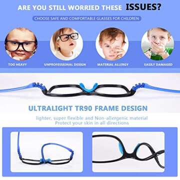 FONHCOO Blue Light Blocking Glasses for Kids, Boys & Girls Unbreakable Frame Computer Gaming TV Phone Glasses with Glasses Strap, for Children Age 5-10