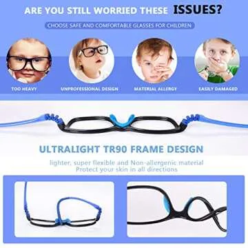 FONHCOO Blue Light Blocking Glasses for Kids, Boys & Girls Unbreakable Frame Computer Gaming TV Phone Glasses with Glasses Strap, for Children Age 5-10