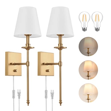 ENCOMLI Dimmable Wall Sconces Set of Two - Antique Brass with LED Bulbs