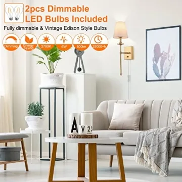 Dimmable Wall Sconces Set of Two with LED Bulbs