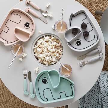 Done by Deer Silicone Stick&Stay Plate in Elphee Grey - Mess-Free Mealtime Solution for Kids with Natural Suction - Two Compartments - Easy-Release Flap for Quick Cleanup - 100% Food Grade Silicone