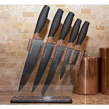 6 Piece Knife Set | 5 Beautiful Rose Gold Knives with Knife Block | Sharp Kitchen Knife Sets | Multiple Size, All Purpose Kitchen Knives | 8” Chef, Bread, & Carving Knife | Utility & Paring Knife