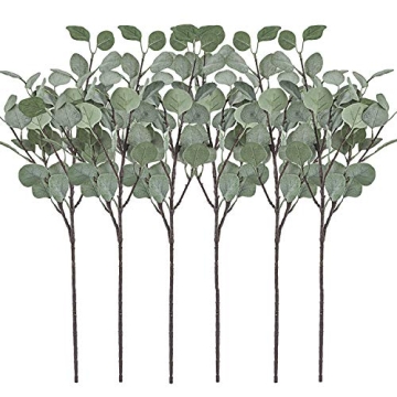 Artificial Eucalyptus Stems Leaves 6 Pcs Straight Silver Dollar Eucalyptus Leaf Silk Greenery Bushes Plastic Plants Floral Faux Greenery Stems for Party Wedding Home Decor(Grey Green)
