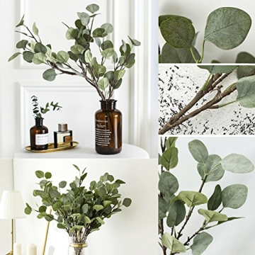 Artificial Eucalyptus Stems Leaves 6 Pcs Straight Silver Dollar Eucalyptus Leaf Silk Greenery Bushes Plastic Plants Floral Faux Greenery Stems for Party Wedding Home Decor(Grey Green)
