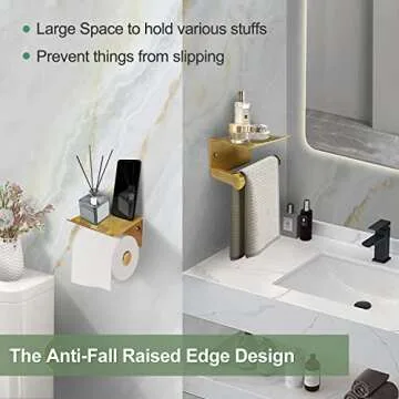 LuDoDo Gold Toilet Paper Holder with Phone Shelf,Toilet Paper Roll Holder with Storage Shelf,Wall Mounted for Bathroom (Antique Brass)