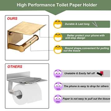 LuDoDo Gold Toilet Paper Holder with Phone Shelf,Toilet Paper Roll Holder with Storage Shelf,Wall Mounted for Bathroom (Antique Brass)