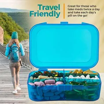 Pill Organizer Case - (Pack of 2) Portable 6 Compartment Daily Travel Medicine Reminder Box for Your Pills, Medications, Supplements, Vitamins and Fish Oils, Blue