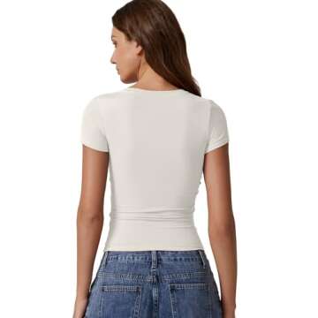 QINSEN Slim Fit Short Sleeve Shirts for Women - Trendy Side Ruched Tees