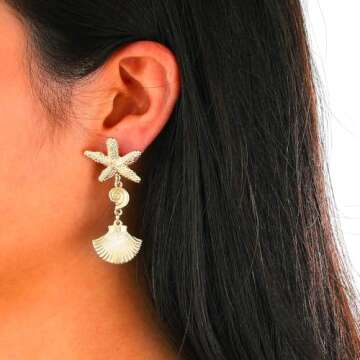 Bemous Gold Shell Dangle Earrings Starfish Earrings Ocean Jewelry Earring for Women