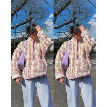 VAOYIU Women's Floral Puffer Jacket Cropped Vintage Printed Cardigan Lightweight Open Front Padded Quilted Coats(Purple-M)