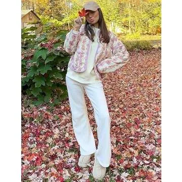 VAOYIU Women's Floral Puffer Jacket Cropped Vintage Printed Cardigan Lightweight Open Front Padded Quilted Coats(Purple-M)