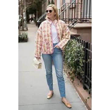 VAOYIU Women's Floral Puffer Jacket Cropped Vintage Printed Cardigan Lightweight Open Front Padded Quilted Coats(Purple-M)