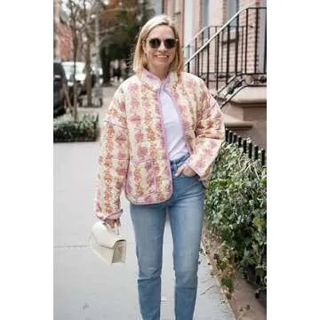 VAOYIU Women's Floral Puffer Jacket Cropped Vintage Printed Cardigan Lightweight Open Front Padded Quilted Coats(Purple-M)